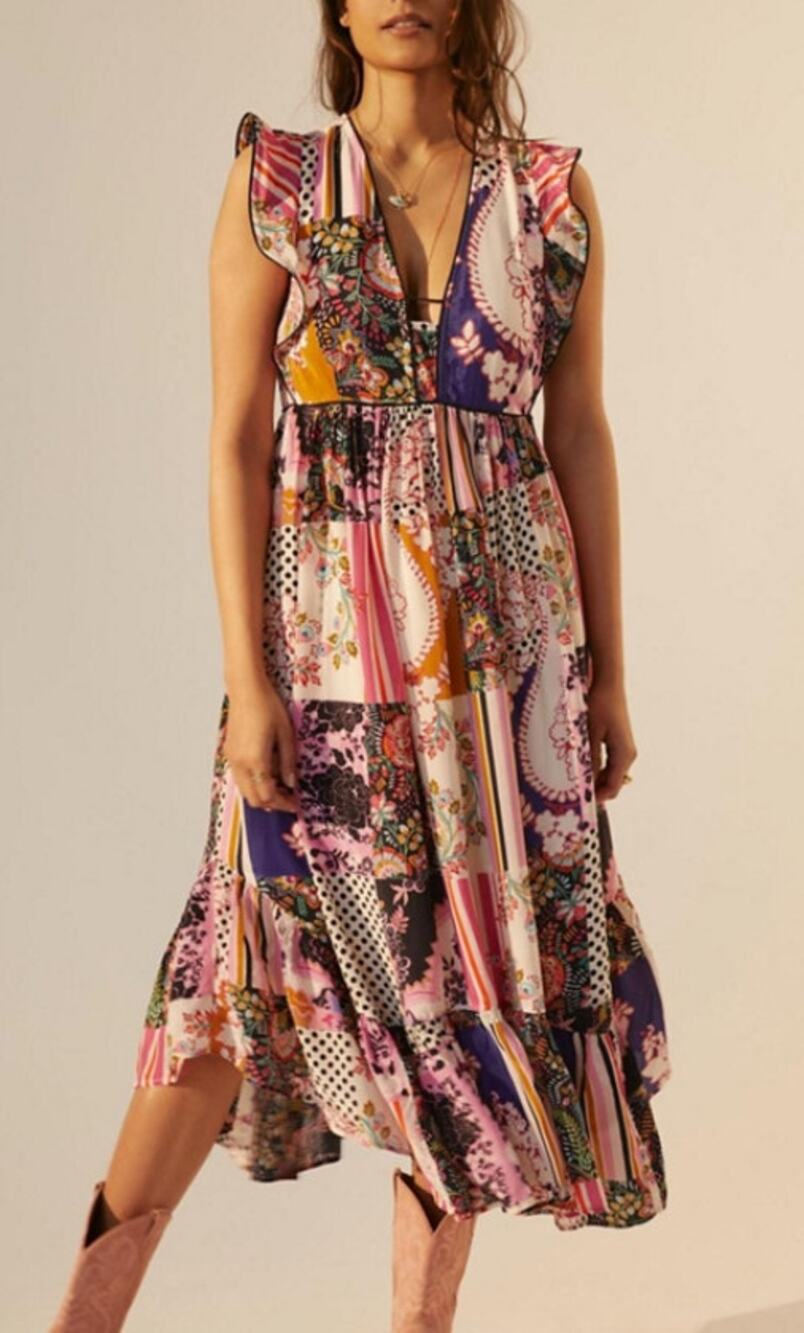 Anthropologie Ruffle Patchwork Dress Size 2 Colorful Boho Midi Short Sleeve